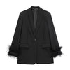 Willshela Women Fashion Satin Black With Feather Blazer Jacket Vintage Notched Neck Single Button Long Sleeves Female Outfits
