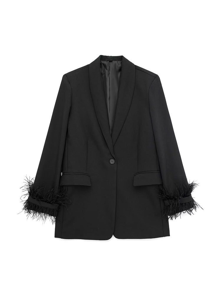 Willshela Women Fashion Satin Black With Feather Blazer Jacket Vintage Notched Neck Single Button Long Sleeves Female Outfits