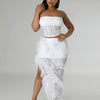 Sexy Two 2 Piece Sets Night Club Outfits for Women White Lace See Through Sleeveless Strapless Top and Ruffles Long Skirts Suit