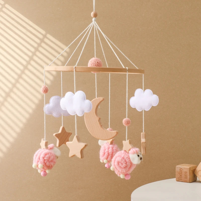 Baby Crib Mobile Bed Bell Rattle Toys Wooden Crochet Stars Pendant Bed Bell Toys Newborn Comfort Crib Bracket Hanging Toys Gifts