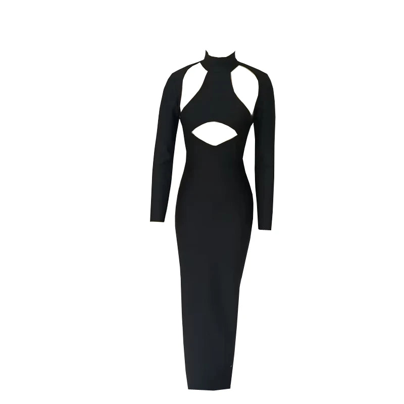 Women's Autumn Stretch Bandage Hollow Out Long Sleeve Slim Maxi Black Backless  Bodycon  Fashion Clubs Celebrity Party Dresses