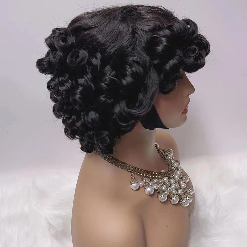 330% Density Brazilian Egg Curl Pixie Cut Wig Human Hair With Bangs Water Wave Short Bob Wig For Women Preplucked Local Delivery