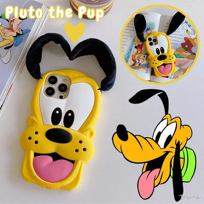 Disney Pluto Pup Plush Ears Phone Case For iPhone 11 12 13 14 15 Pro Max 15Pro 14Pro 13Pro 3D Soft silicone Dog Cover