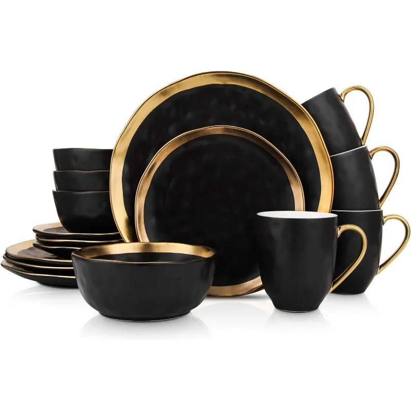 Florian Modern Porcelain 16 Piece Dinnerware Set, Plates and Bowls Set, Dish set for 4, Green and Golden Rim