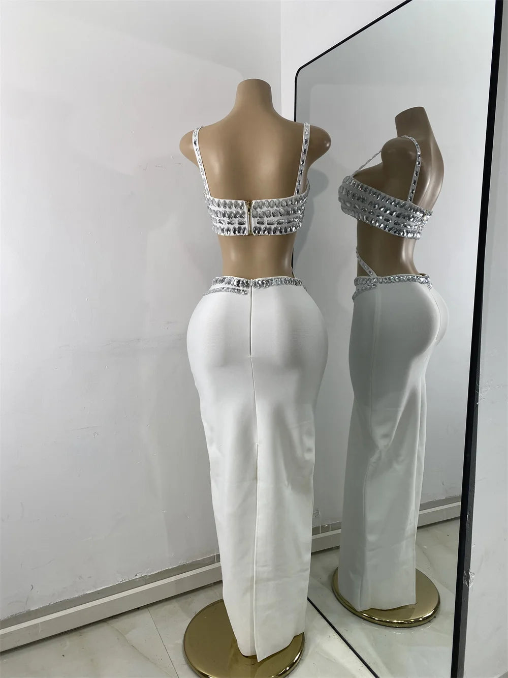 Luxury Crystal Diamonds Top Skirt Two Pieces Women's Bandage Sets White Black Knitted Celebrity Evening Birthday Party Outfit