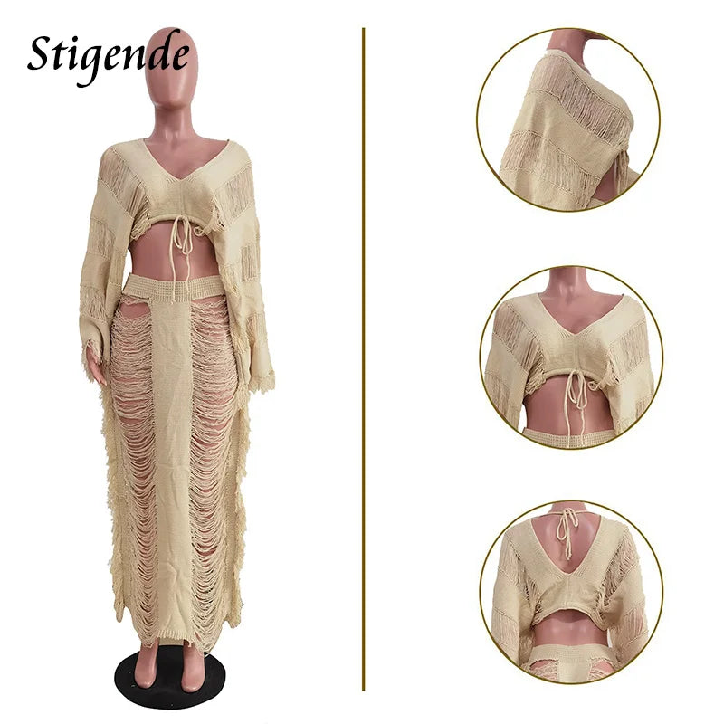 Women Summer Beach 2 Piece Skirt Set Long Sleeve Crop Top and Maxi Skirt Crochet Swimwear Fringe Tassel Hollow Out Loose Outfits