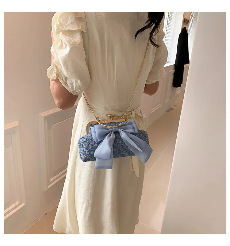Glittering Chain Plaid Pattern Evening Bag For Women Bow Decor Shoulder Bag, Fashionable Elegant Clutch, Women‘s Crossbody Bag