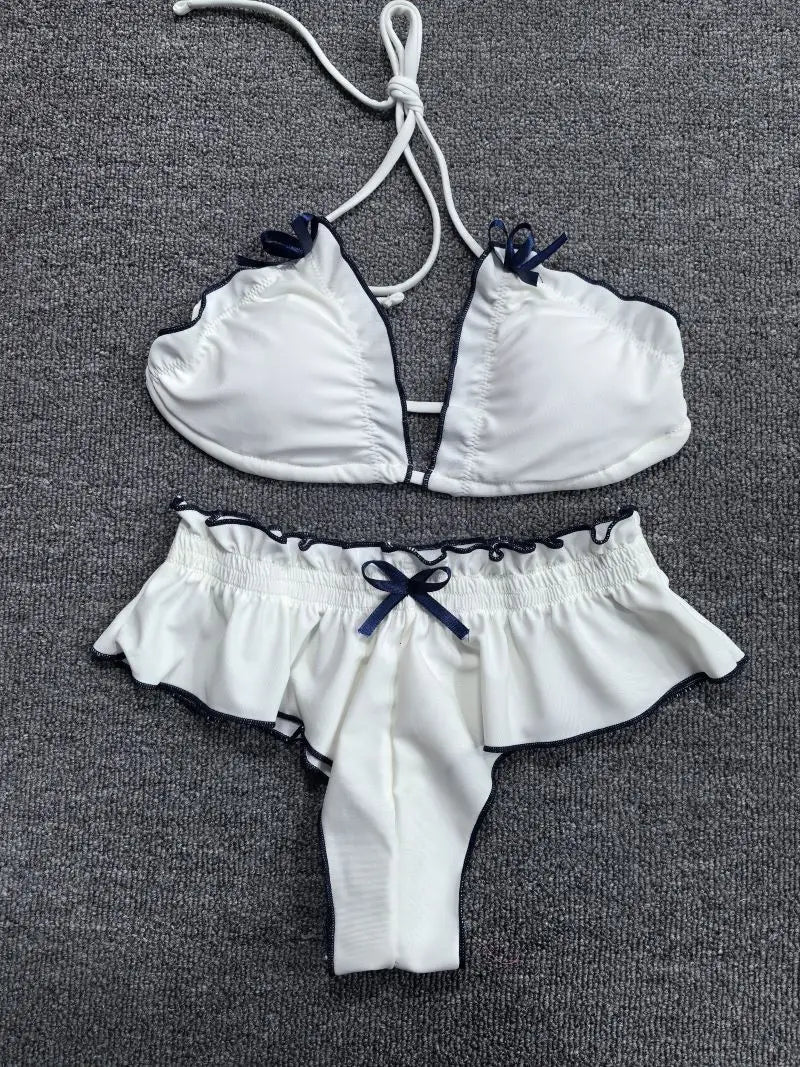 Bikini 2025 Sexy Solid Backless Ruffle Lace Up High Waist Swimwear Swimsuit Women Bikinis Set Bathing Suit Beach Bikini