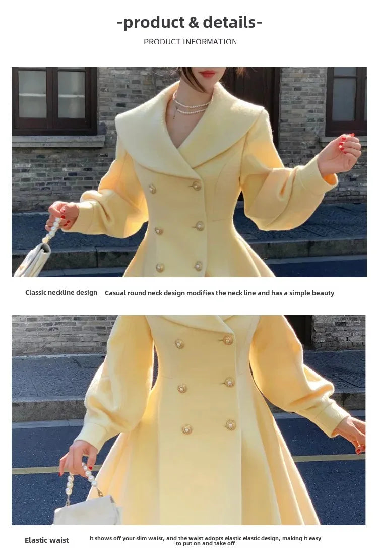 Plus Size 2024 Autumn/Winter New Style French Vintage Tweed Large Lapel Woolen Overcoat Long Sleeve Double Row Button Overcoat