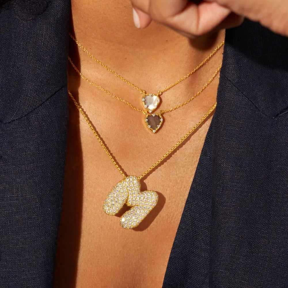 18K Gold Plated Waterproof Thick Bubble Alphabet Letter Clavicle Choker Necklace Sparkling Rhinestone Balloon Initial Jewelry
