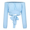 Women Sexy Off Shoulder Printing Blouses Chic and Elegant Lantern Long Sleeve Lace Up Bow Cropped Tops Casual Slim Shirts 2023