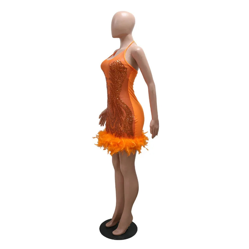 Bodycon Women Backless Lace Up Halter See Through Sequins Mesh Patchwork Sexy Party Dress Feather Hem Fashion Night Club Dress
