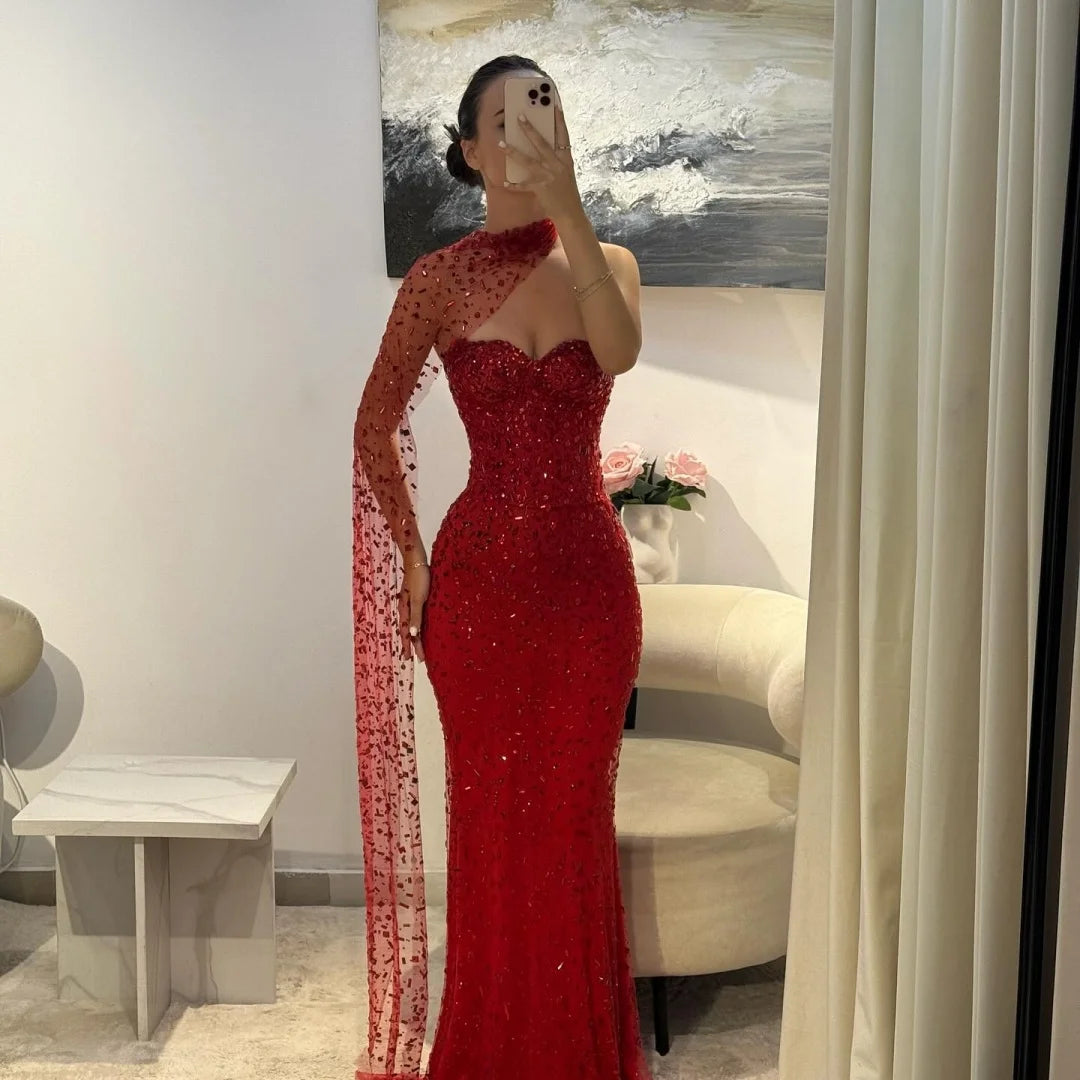 Sansa Customized Red Mermaid Glitter Strapless Prom Dresses Floor-Length Backless vestidos de festa