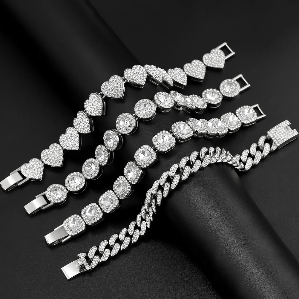 Iced Out Pink Cuban Bracelet for Women Hip Hop Gold Silver Color Crystal Heart Circle Square Bracelet 4Pcs Set Jewelry Gift