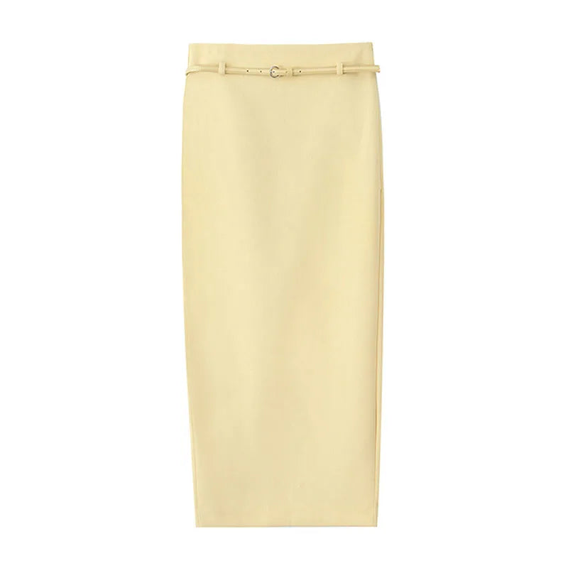 TRAFZA Women Fashion Suit Yellow V-Neck Sleeveless Belt Sngle Breasted Tops+High Waist Pocket Belt Long Skirts Female Summer Set