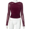 CUTENOVA Chic Design Cross Neck Crop Top Solid Color Mesh See Through Sexy Pleated Long Sleeve Elegant T-Shirt For Women Casual