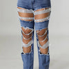 Women's Destroyed Ripped Hole Denim Pants Pearl Rhinestones Chain Distressed Slim Fit Skinny Jeans Y2K Night Club Party Jeans