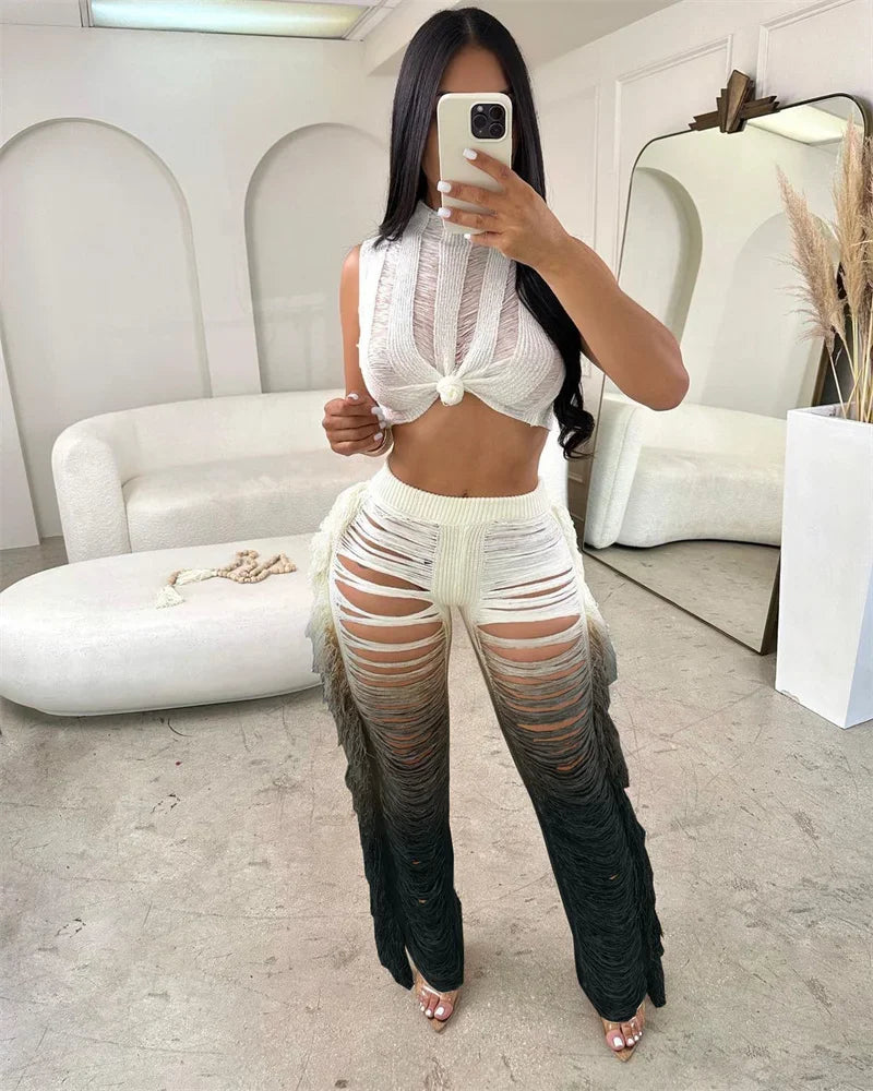 Gradient Color Crochet Two Piece Set for Women Summer Beach Crop Top and Wide Leg Pants Tassel Hollow Out Hole Vacation Outfits