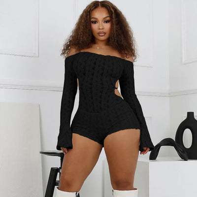 2025 Spring Women's Clothes Above Knee Sexy Knit Rib Romper One Piece Off Shoulder Long Sleeve Skinny Short Jumpsuits Playsuits