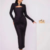 Mozision Hollow Out Long Sleeve Sexy Maxi Dress For Women Gown Autumn Winter New Metal Buckle Ruched Slit Long Dress Elegant