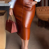 Womens Shirt Collar Dresses New Autumn Buttons Long Sleeve PU Leather Patchwork Pocket Skinny Belted Lapel Female Midi Dress