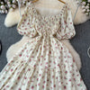 2024 New Summer Flower Print Long Dress Women Vintage Square Neck Ruched Chest Sash Bandage Sundress Party Vestidos
