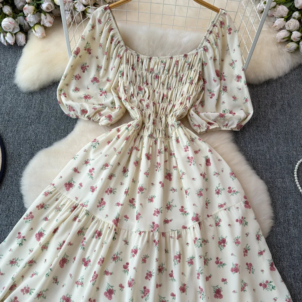 2024 New Summer Flower Print Long Dress Women Vintage Square Neck Ruched Chest Sash Bandage Sundress Party Vestidos