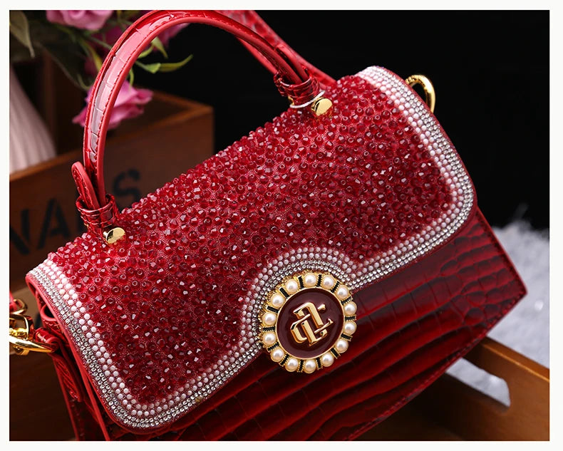 Fashion Diamonds Women Handbags 2023 Red Genuine Leather Lady Shoulder Messenger Bag Crocodile Pattern Portable Shell Tote Bags
