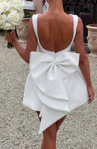 Elegant Pearl Bow Backless Short Dress Women's Sleeveless Party Cute Mini Dresses Black White Pink Chic Birthday Evening Y2K New