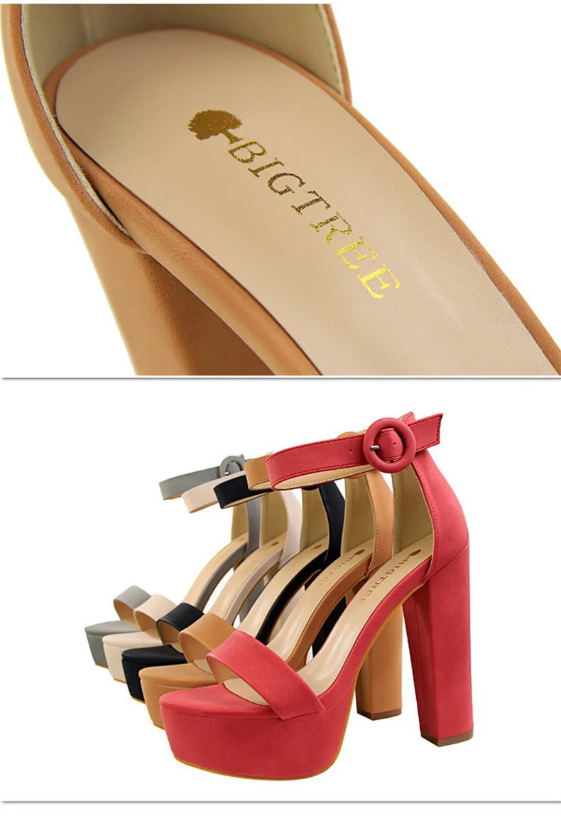 Fashion Women Pumps Sandals Summer Platform Belt Buckle Strap PU Square Heel Outdoor Korean Style Black Open Toe Grace 1550-1