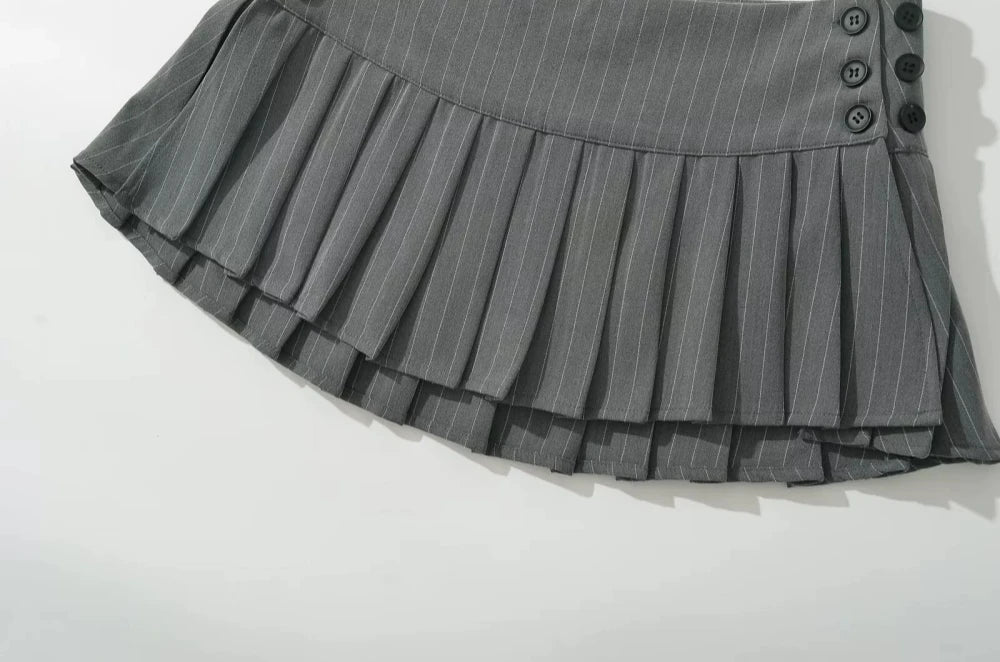 HLJ&GG Fashion Stripe Patchwork Two Piece Sets For Women Preppy Style Polo-neck Button Slim Shirts + Pleated Mini Skirts Outfits
