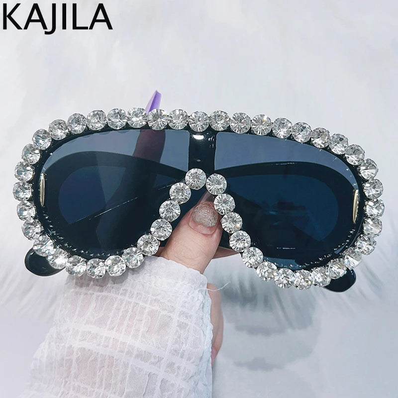 Oversized Punk Rhinestones Sunglasses Women 2024 Luxury Brand One-Piece Y2K Sports Sun Glasses for Lady Steampunk Eyewear UV400
