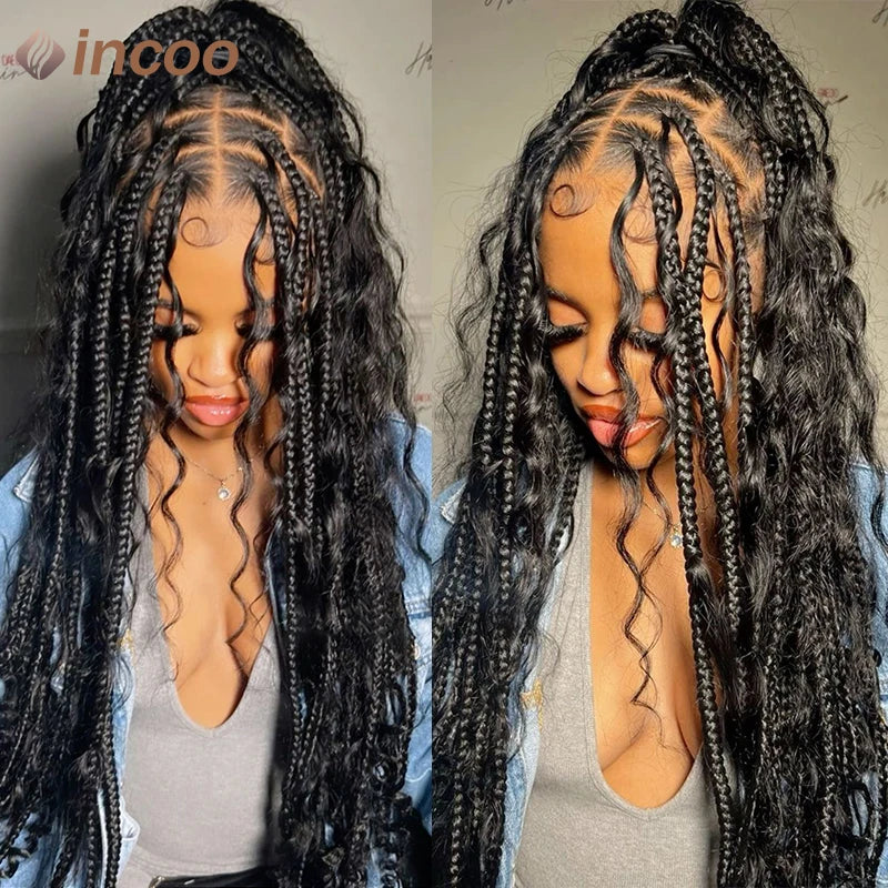 Boho Box Braided Wigs Curly Hair Synthetic Full Lace Front Wigs for Black Women Goddess Locs Braid Wig Bohemian Box Braid Wig