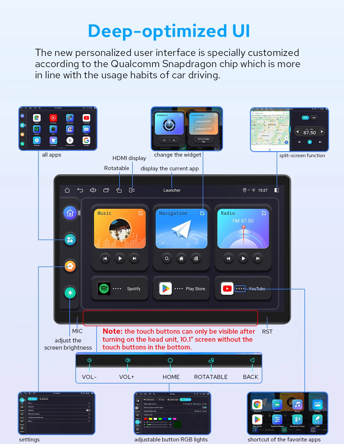 JOYING 10.1" 11.6" 13.3" 15.1"Android Car Radio Stereo Multimedia Player Head Unit Built In Carplay With Manual Rotatable Screen