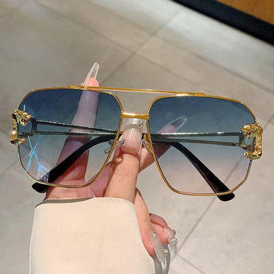 KAMMPT Men Vintage Pilot Trends Sunglasses Fashion Retro Metal Black Shades Women Leopard Decor Gradient Sun Glasses for Beach