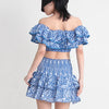 TWOTWINSTYLE Hit Color Print Casual Two Piece Sets For Women Slash Neck Short Sleeve Top High Waist Skirt Summer Set Female New