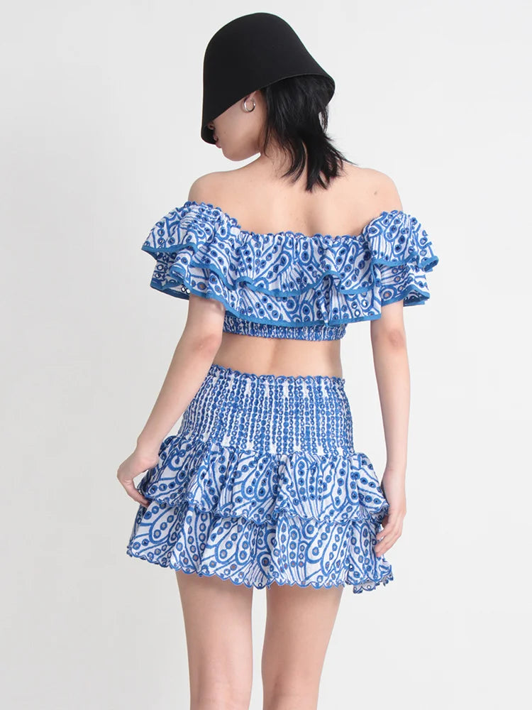 TWOTWINSTYLE Hit Color Print Casual Two Piece Sets For Women Slash Neck Short Sleeve Top High Waist Skirt Summer Set Female New