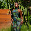 Floral Print Summer Skinny Capris Pants Jumpsuits Women Sexy Sleeveless Lace Up Halter Backless Ruched Peach Hips Slim Rompers