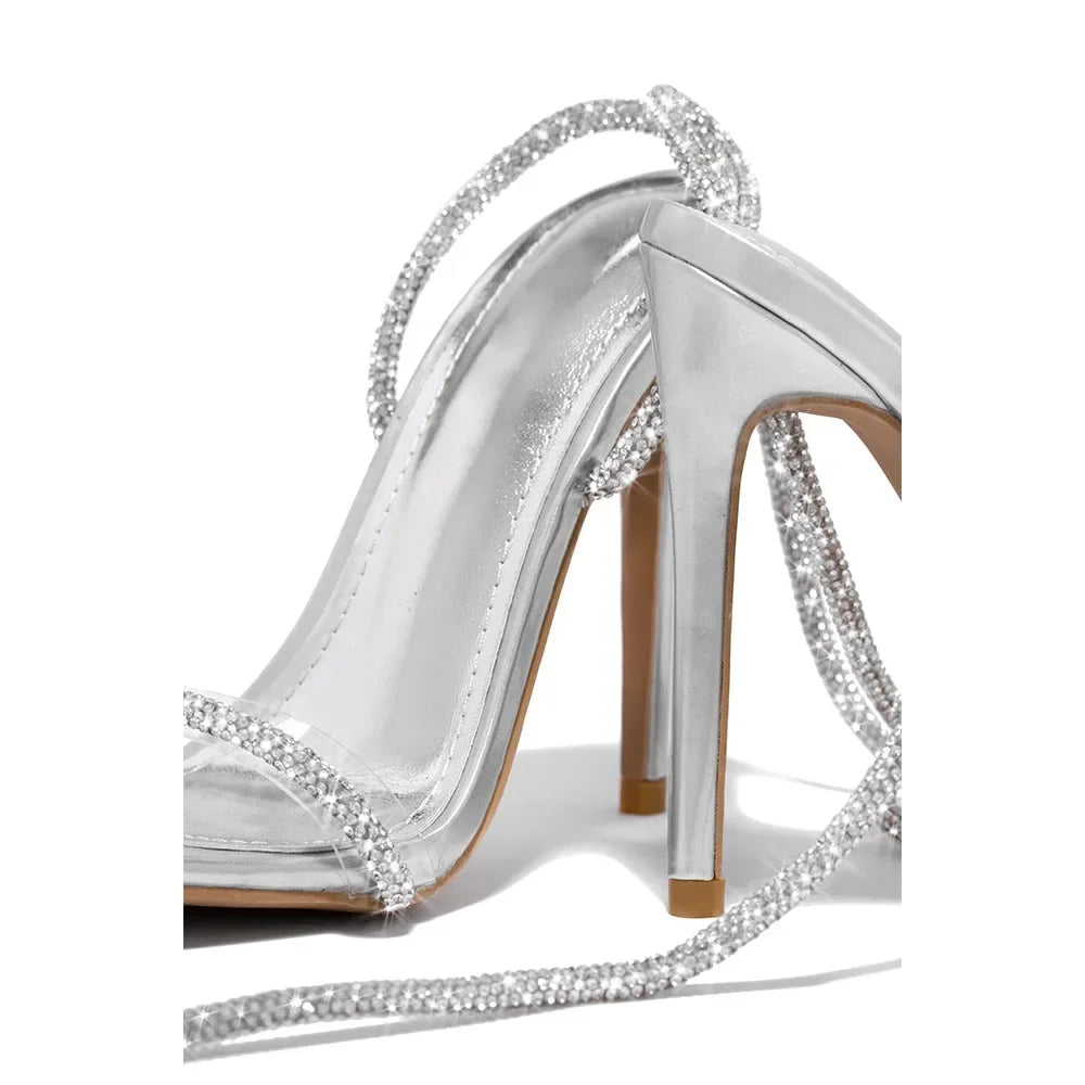 Eilyken CRYSTAL Diamond Thin High Heels Women Sandals Sexy Ankle Cross Strap Lace-Up Square Toe Party Dress Female Shoes