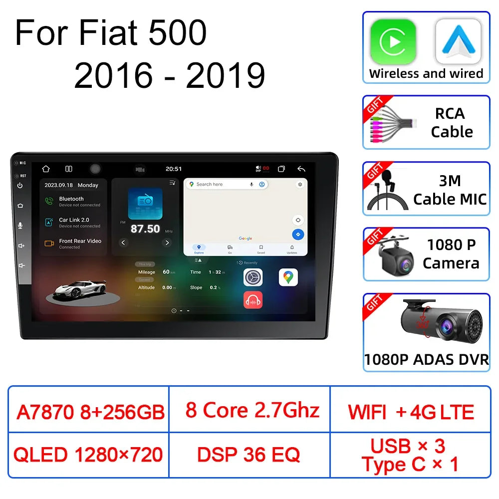 For Fiat 500 2016 2017 2018 2019 Car Multimedia Carplay Android Auto GPS stereo Radio Video Palyer 10 Inch Head Unit