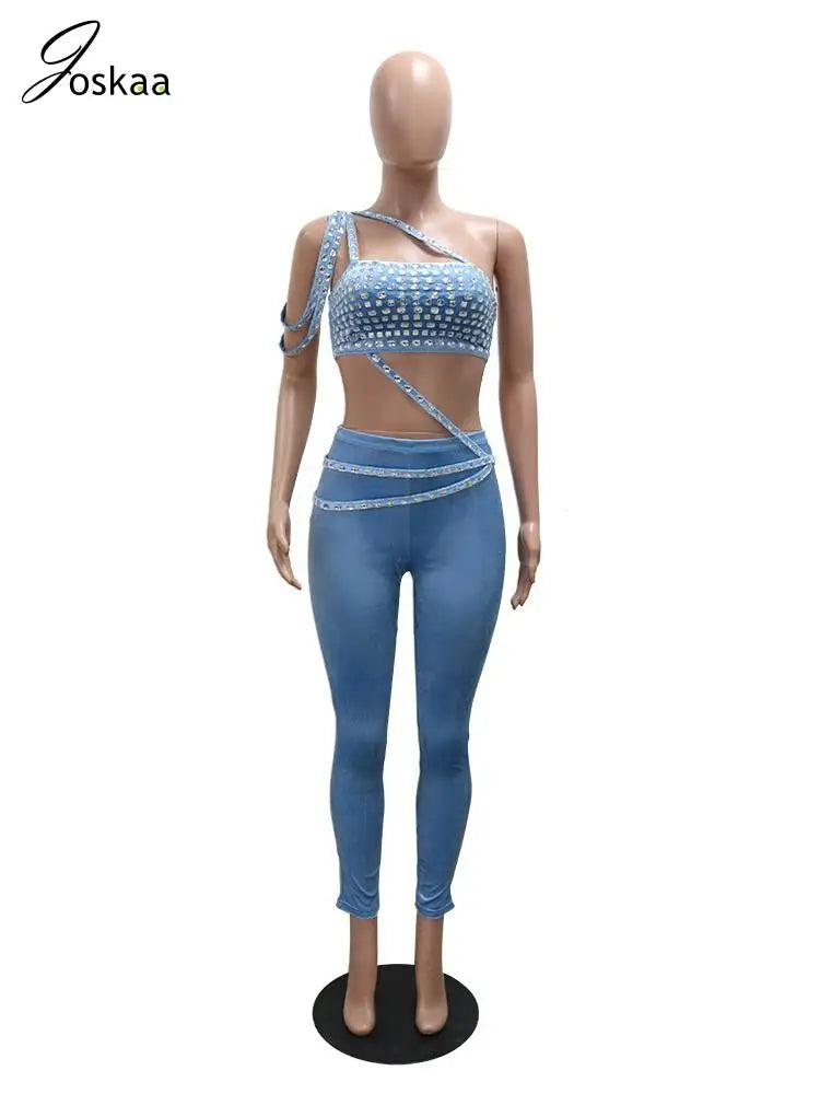 Joskaa Women Velvet 2 Piece Sets Sexy Diamonds Wrap Chest Tank Tops and Pencil Pants Match Winter Party Club Outfits Streetwear