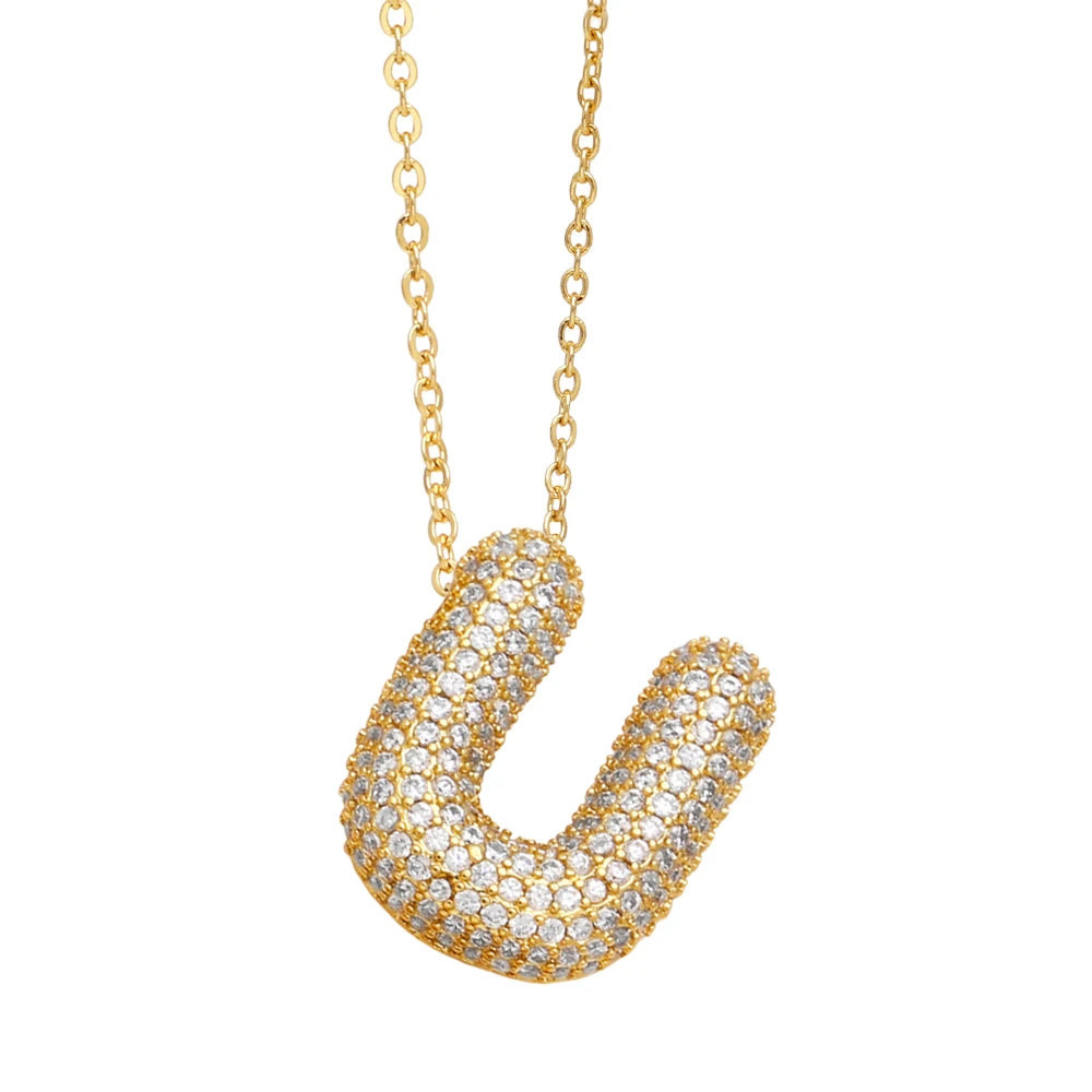 FLOLA Chunky Clear Crystal Initial Necklaces For Women Bubble Letter Necklace Custom Name Jewelry Birthday Gifts nkeb798