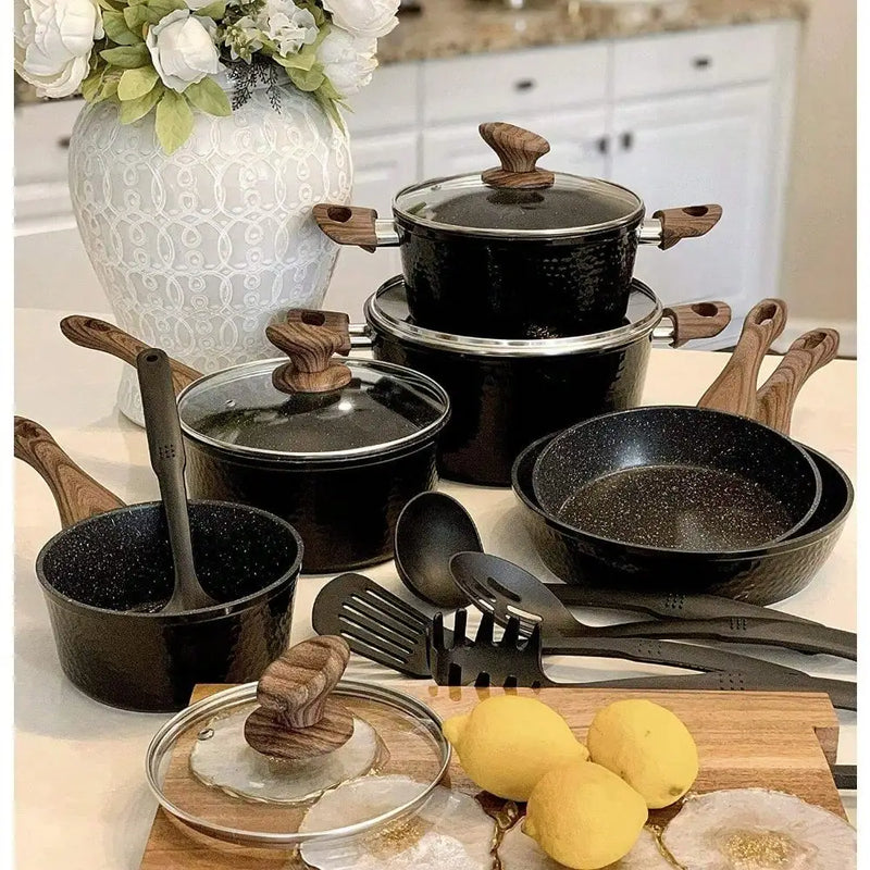 15 Piece Hammered Cookware Set Nonstick Granite Coated Pots and Pans Set