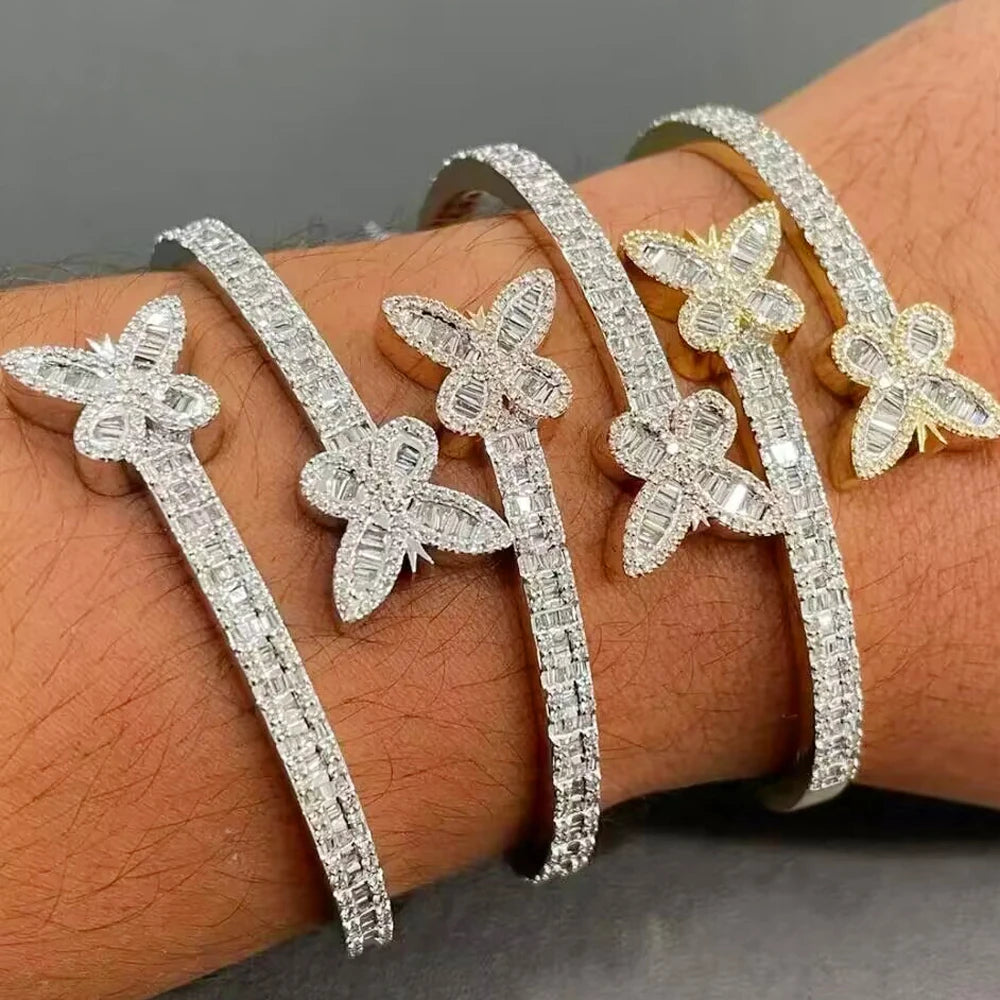 New Iced Out Bling Butterfly Heart Bracelet Silver Color CZ  Zircon Oval Charm Opened Bangle For Men Women Hiphop Luxury Jewelry
