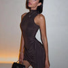 Mozision Turtleneck Sleeveless Sexy Mini Dress For Women Fashion Irregular Ruched Tank Dress Femme Elegant Club Party Dress