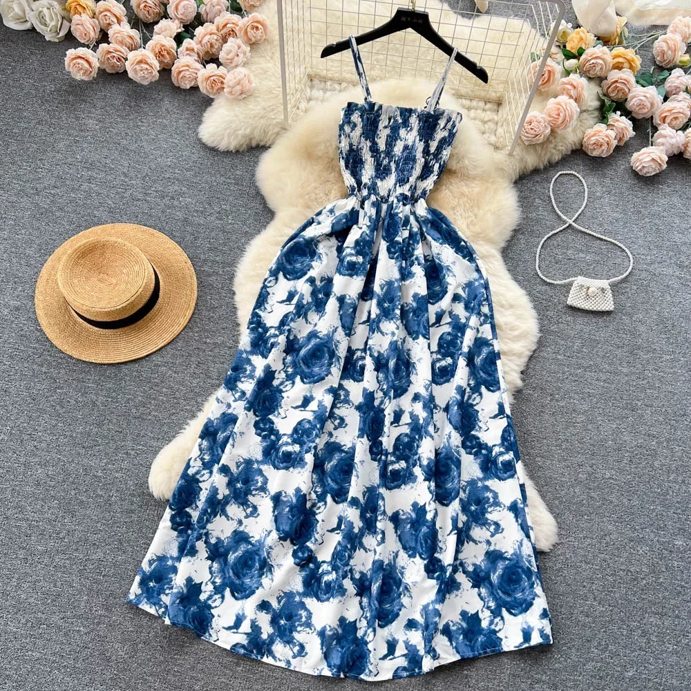 2024 New Summer Korean Fashion Rose Flower Print Romantic Retro Party Dress Elastic High Waist Vacation Long Dress Beach Vestido