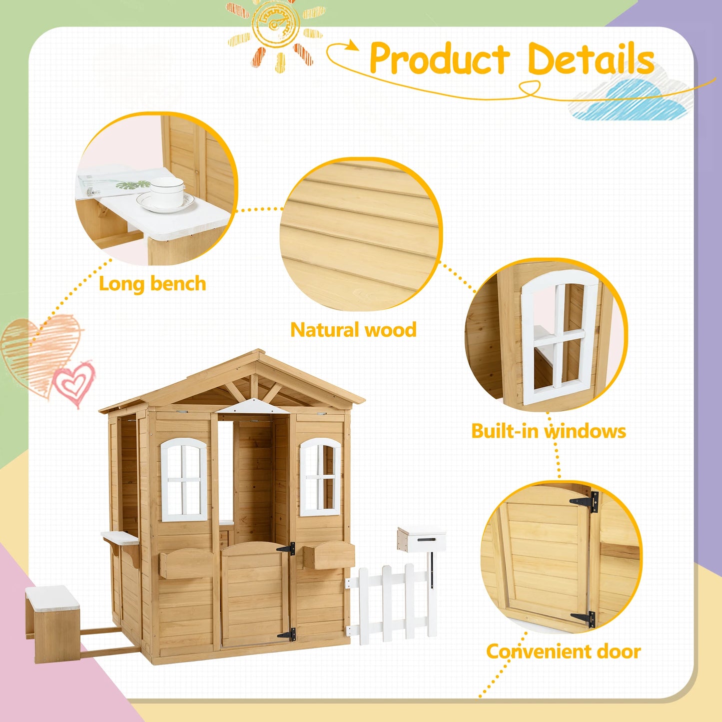 LZBEITEM Wooden Playhouse for Kids Outdoor with Working Door, Windows, Mailbox, Bench, Flowers Pot Holder, 39" x 38" x 55.5"