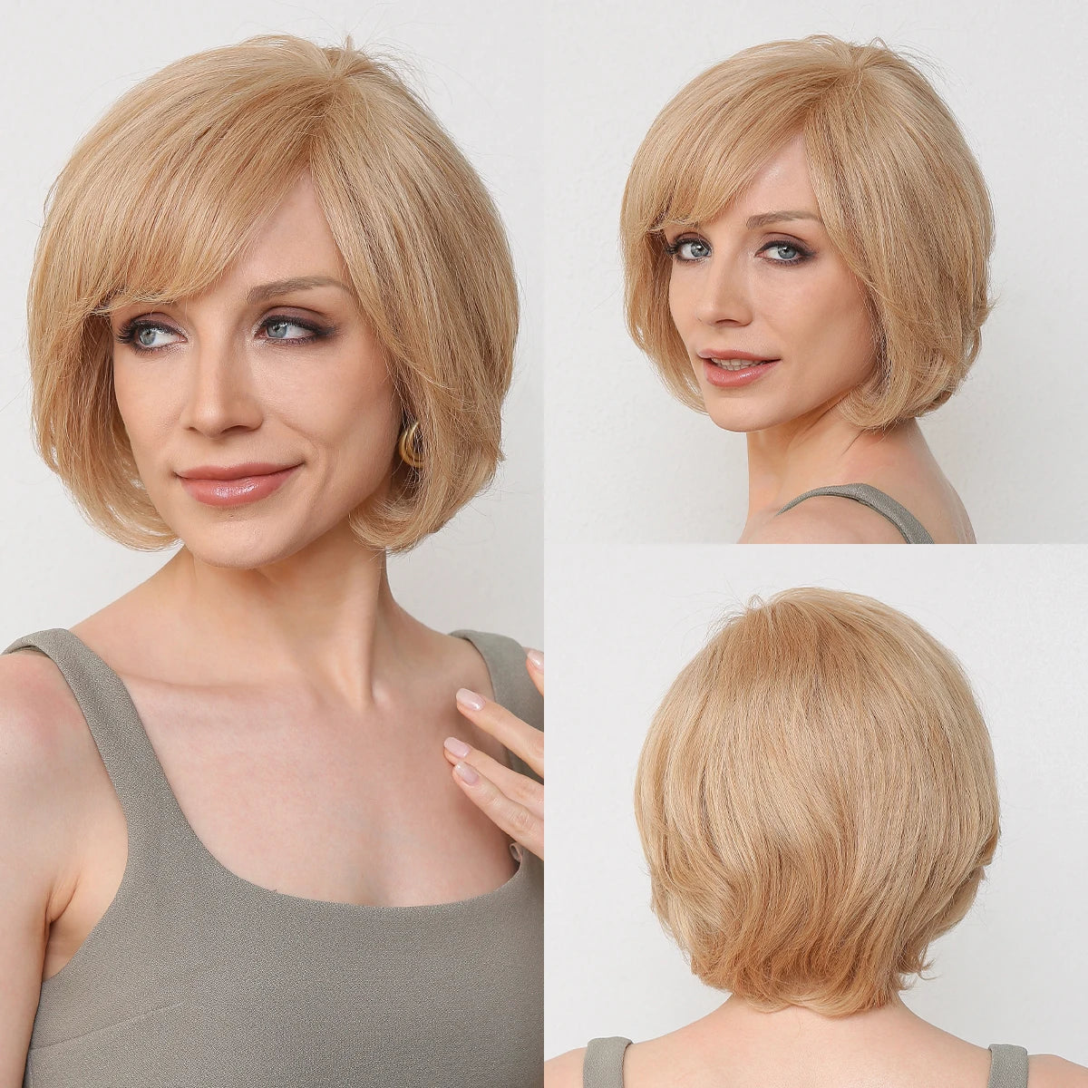Brown Blonde Mixed Ombre Human Hair Lace Front Wigs Short Wavy Bob Hair Glolden Blonde Remy Human Hair Wig for White Women Daily