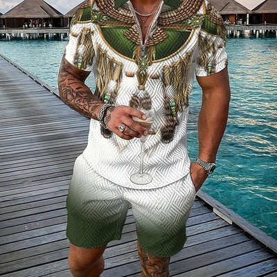 Retro national Style Totem 3D Print Men's Sweatsuit Set Summer Zipper Polo Shirt + Shorts 2pcs Sets Man Clothing Tracksuit Set