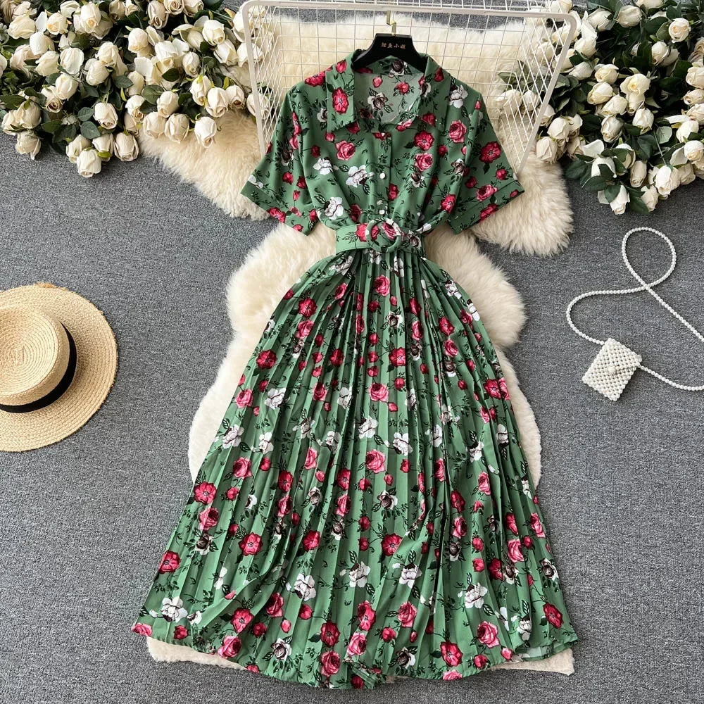 2024 Summer Women Floral Pleated Dress Vintage Turn-Down Collar Short Sleeve Single Breasted Printed Draped Midi Vestidos New